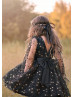 Long Sleeves Black And Gold Stars Tulle Flower Girl Dress